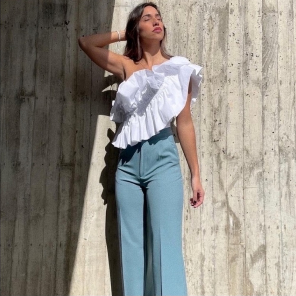 New ZARA Asymmetrical One Shoulder Poplin Voluminous Ruffle Top White